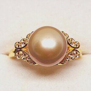 South Sea Golden Pearl & White Zircon ring in 18K YG over 925SS .50ct size 9